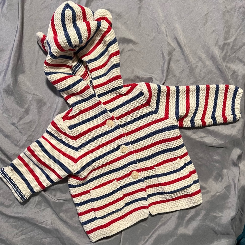 Baby Gap Teddy Bear Hooded Button Front Striped Cardigan 3-6 mos Cream Red